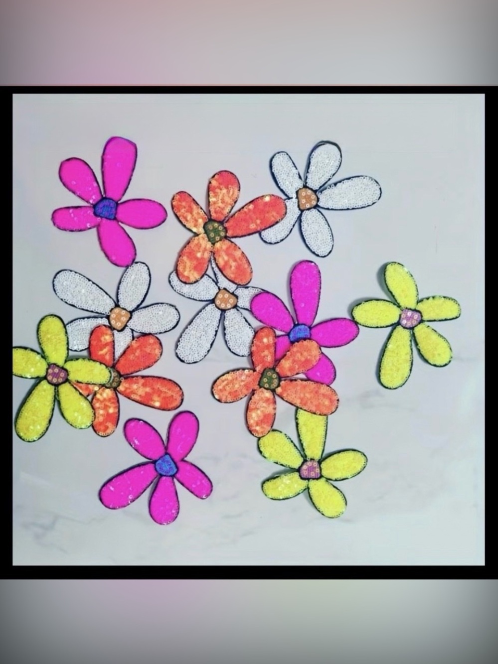 12 Iron-On Neon Flower Appliqués | Vibrant Orange, Pink, Green & White | New